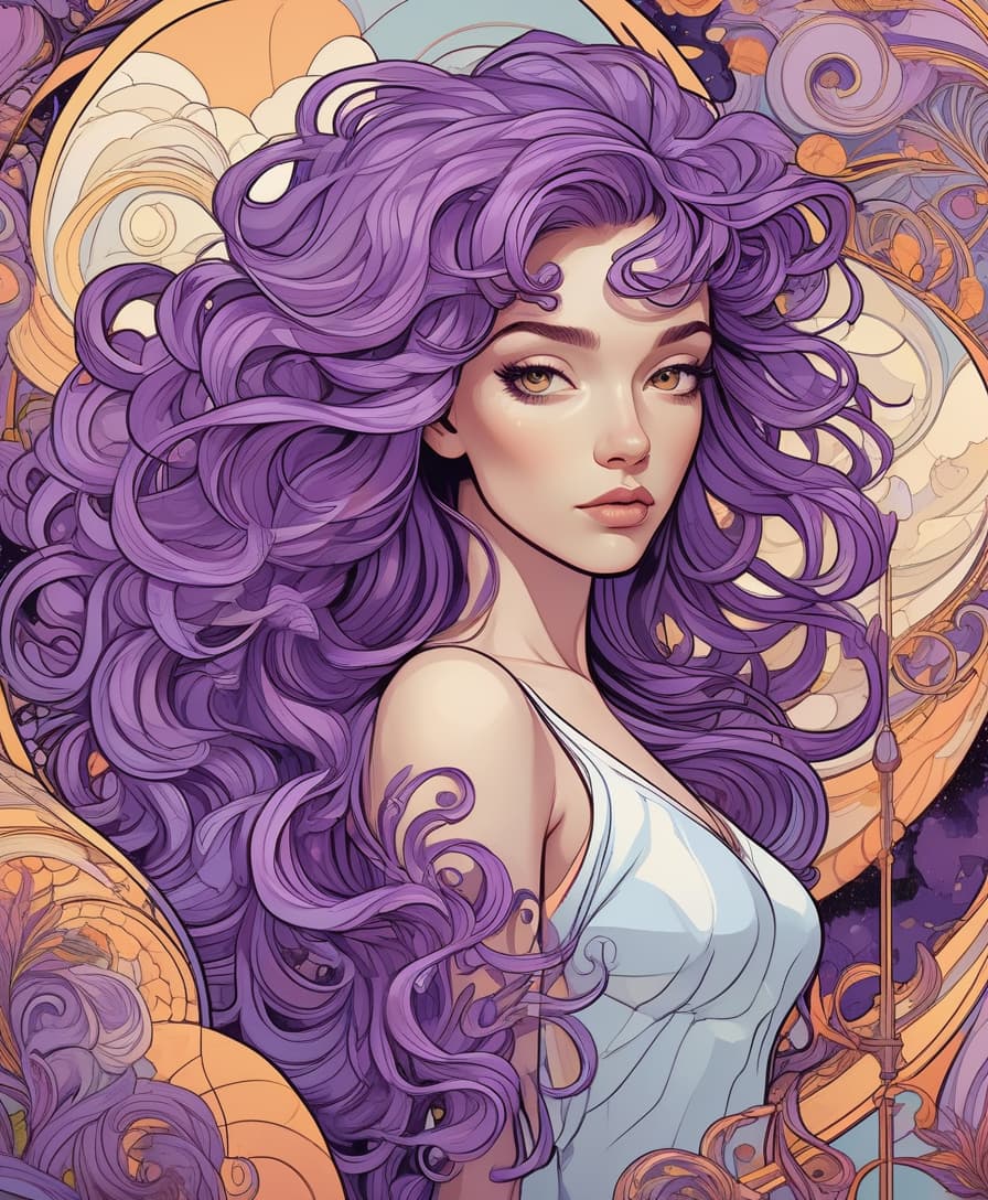  luxury product style light, centered, colorful, modern illustration of a girl with wild swirling purple hair full of landscapes. portrait, fibonacci sequence, tessellation, art nouveau, heavy outline comic book . elegant, sophisticated, high end, luxurious, professional, highly detailed