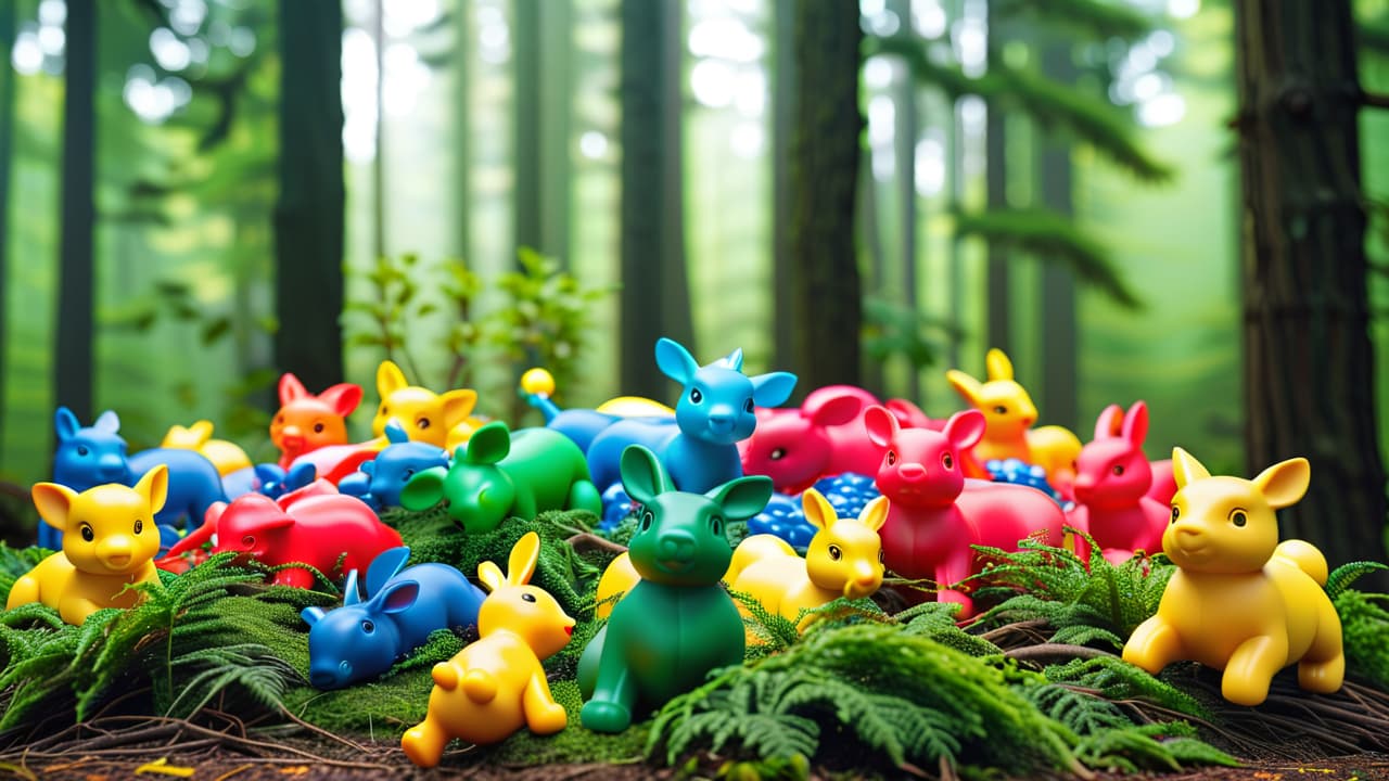  a split image showing a vibrant, colorful pile of plastic toys on one side, contrasting with a serene scene of natural wooden eco friendly toys surrounded by greenery, emphasizing the environmental impact of each. hyperrealistic, full body, detailed clothing, highly detailed, cinematic lighting, stunningly beautiful, intricate, sharp focus, f/1. 8, 85mm, (centered image composition), (professionally color graded), ((bright soft diffused light)), volumetric fog, trending on instagram, trending on tumblr, HDR 4K, 8K