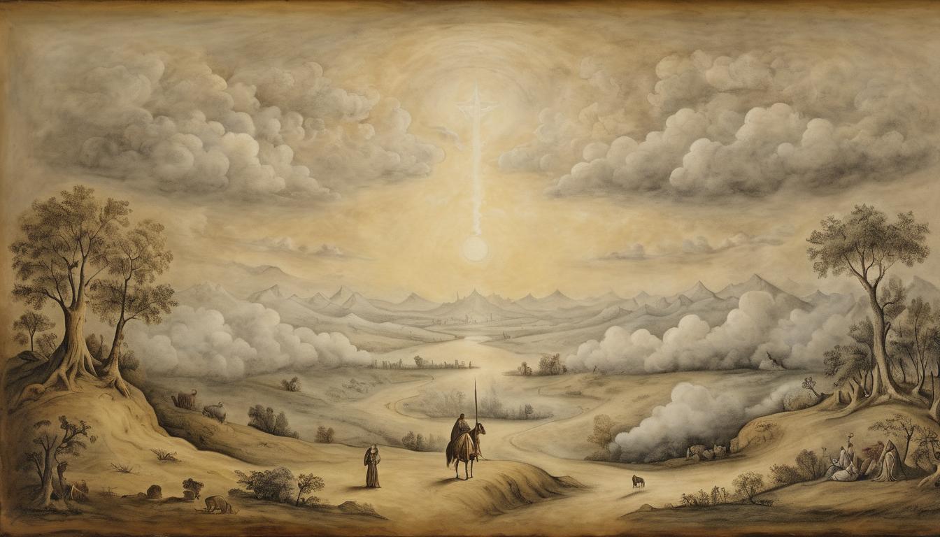  on parchment, surrealism++, divine being, transforming trials into triumphs, landscape transitioning from stormy to serene, sense of victory(mysterious, provocative, symbolic)++