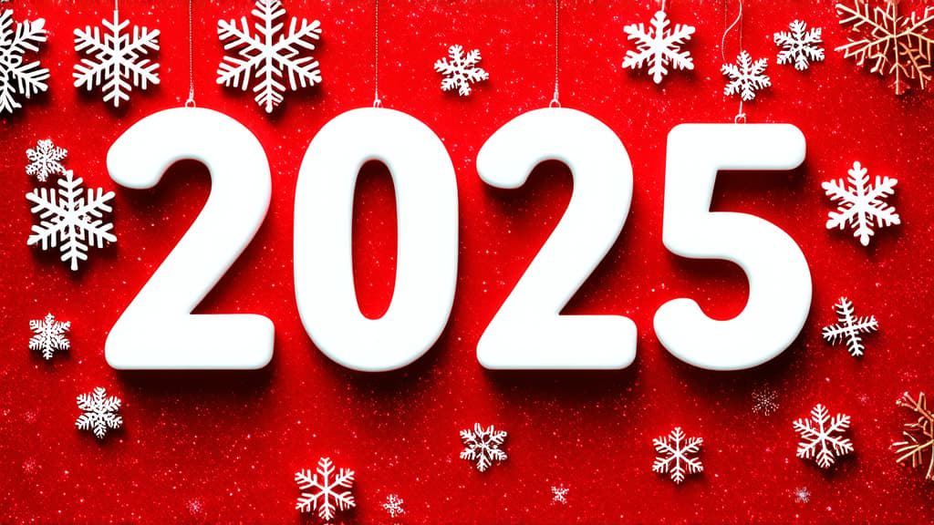  2025 number made from white snowflakes on red background. decorative element for christmas and new year design. ar 16:9 {prompt}, maximum details