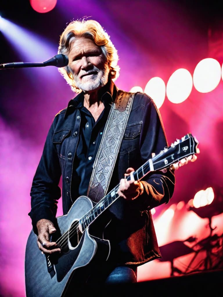  Country singer, Kris Kristofferson, on stage, medium shot, upper body, spotlight, long exposure lighting, street art style spray paint, glamour lighting