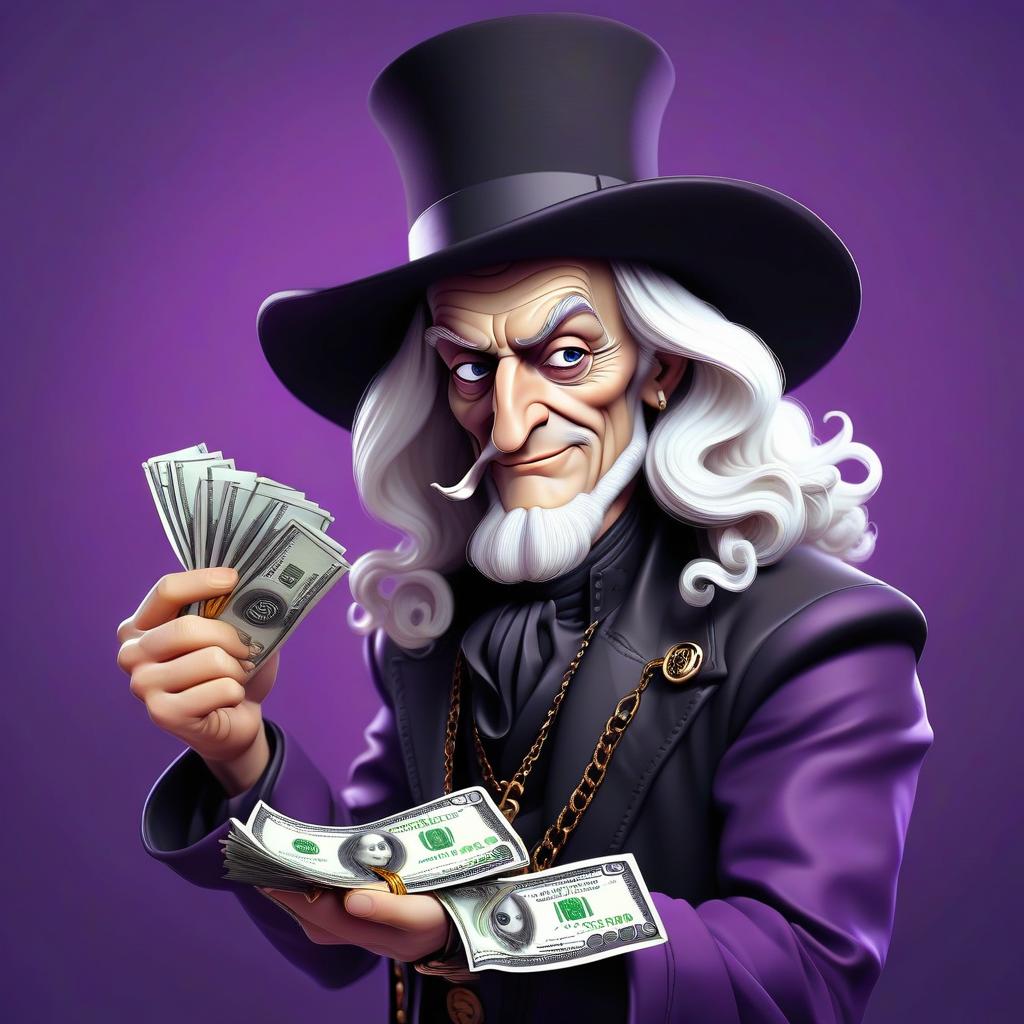  voltaire white in a black hat gives money to buy bitcoins on a purple background with an inscription in the center of wave