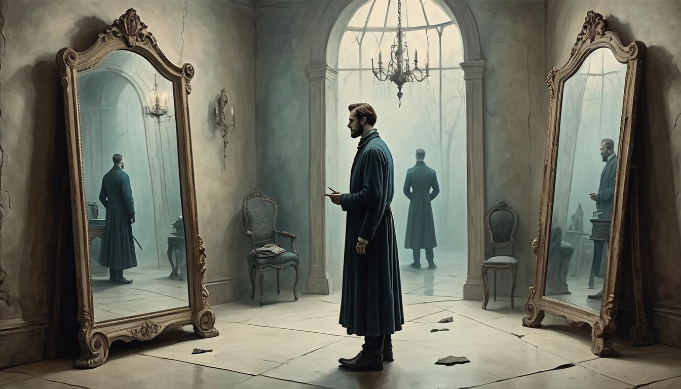  on parchment, surrealism+++, a lone figure standing in front of a mirror, reflection shows a different person, merging of past and present, eerie, introspective, sense of realization(mysterious, provocative, symbolic,muted color)+++