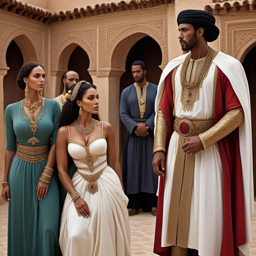  A historical depiction of the Moors occupying Spain for nearly 700 years. Show diverse interactions including intermarriage between Moors and the local Iberian population. Highlight the blending of cultures with prominent architectural elements such as Spanish and Moorish styles side by side. An emotional scene showing a Moorish individual and an Iberian individual getting married, symbolizing the genetic and cultural mingling. Include a modern genetic study illustration showing the blending of North African and Iberian ancestry. Lastly, depict contemporary Spanish people from southern Spain, especially Andalusia, with mixed heritage, showcasing a variety of physical traits. hyperrealistic, full body, detailed clothing, highly detailed, cinematic lighting, stunningly beautiful, intricate, sharp focus, f/1. 8, 85mm, (centered image composition), (professionally color graded), ((bright soft diffused light)), volumetric fog, trending on instagram, trending on tumblr, HDR 4K, 8K