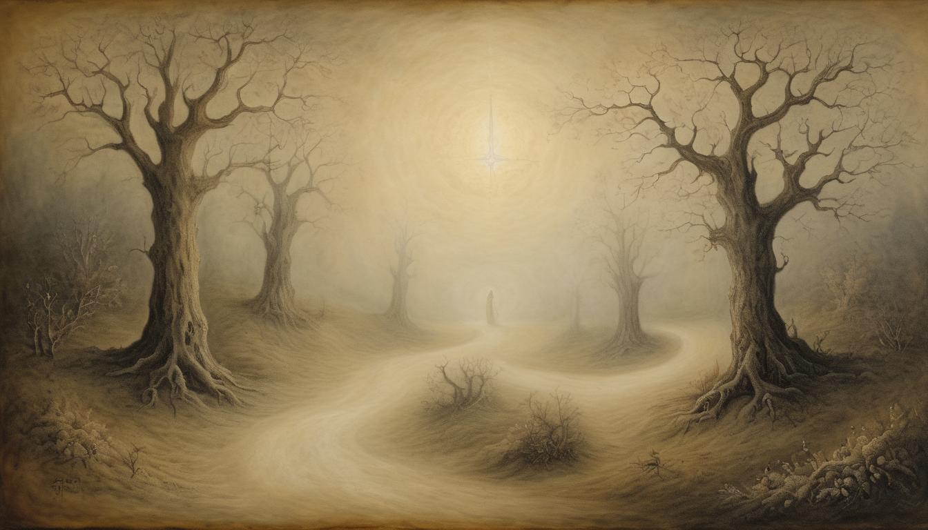  on parchment, surrealism++, misty path, uncertain yet glowing, divine light, ethereal journey, spiritual ambiguity(mysterious, provocative, symbolic)++