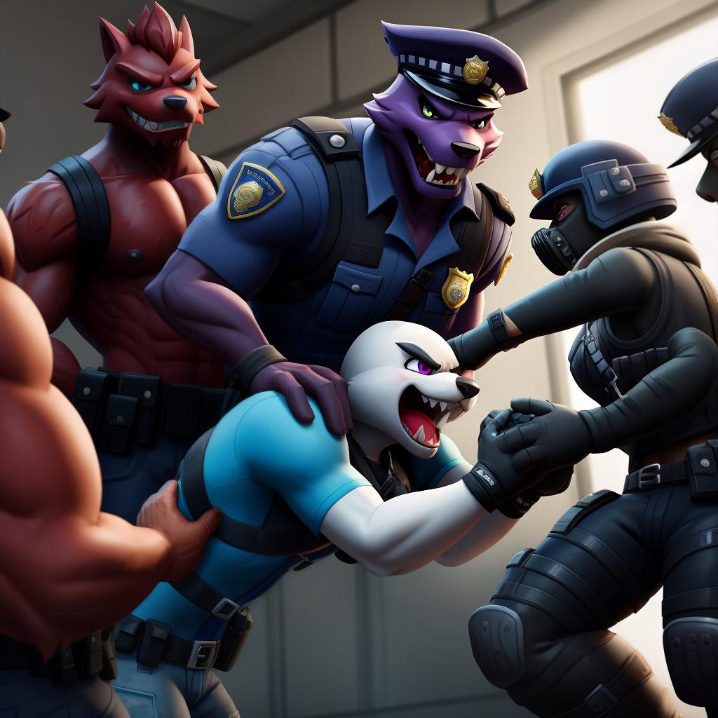  Evil corrupt police officers (Fortnite), full body, gloves, police brutality pain, bullying, victim surrounded, angry, helpless victim, brutal attack, open eyes, masterpiece, 4k, fine details,