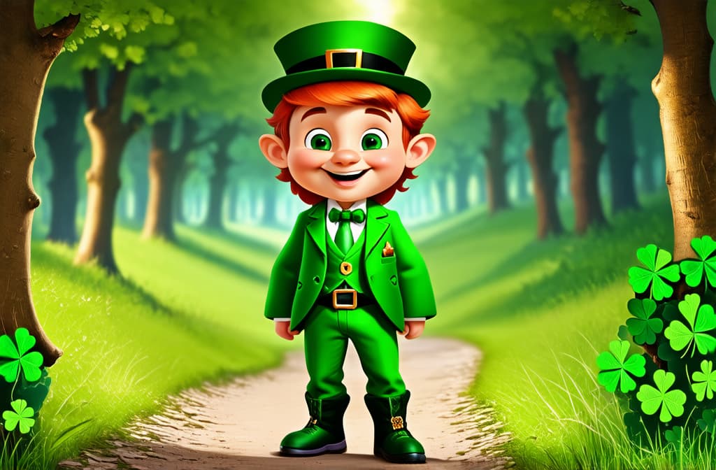  st. patrick's day. a little cartoon leprechaun with red hair in a green suit and a green hat stands on a forest path surrounded by shamrocks. design for postcards, flyers ar 3:2, (natural skin texture), highly detailed face, depth of field, hyperrealism, soft light, muted colors