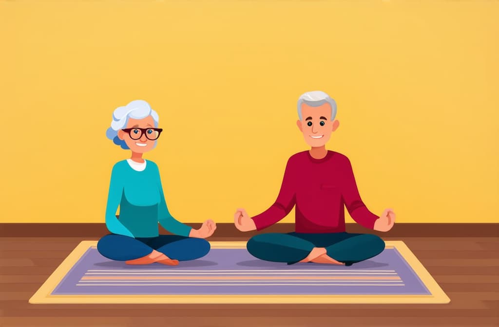  cute old lady and man sitting on the rug and meditating. style flat illustration ar 3:2 {prompt}, maximum details