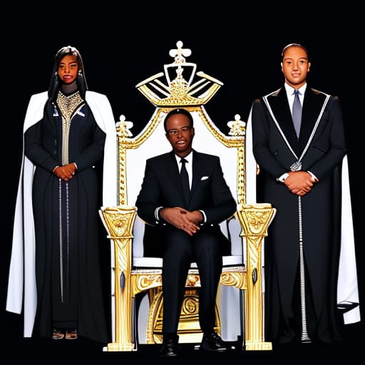  a black business man holding hands and both the throne with his in a suit with an , an son and a college girl all standing behind the throne, looking ambitious. They are all dark skinned, no smiles only three ren in a black background.