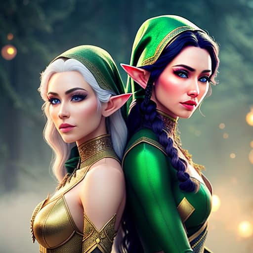 two beautiful elves hyperrealistic, full body, detailed clothing, highly detailed, cinematic lighting, stunningly beautiful, intricate, sharp focus, f/1. 8, 85mm, (centered image composition), (professionally color graded), ((bright soft diffused light)), volumetric fog, trending on instagram, trending on tumblr, HDR 4K, 8K