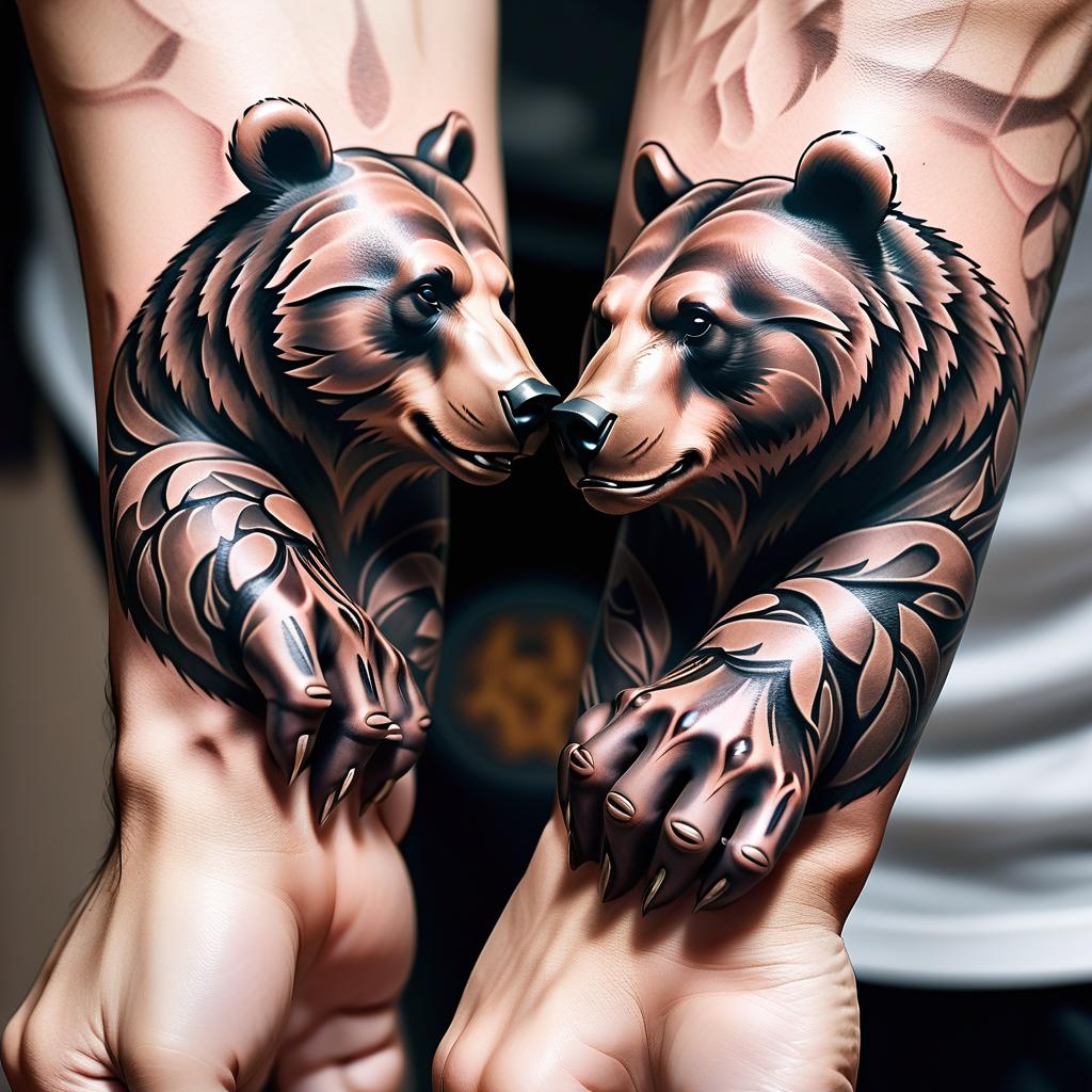  tattoo on the wrist, two bear heads look at each other, powerful paws radiate from the heads of the bears, wrapping around the wrist, thin intertwining lines snake around the figures of the bears