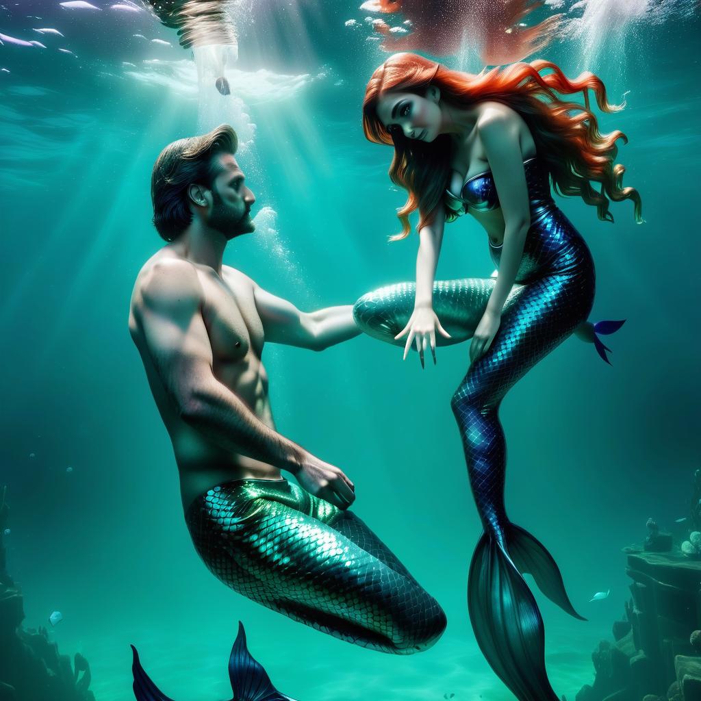  a creepy mermaid hand grabs a man's leg underwater and pulls to the bottom