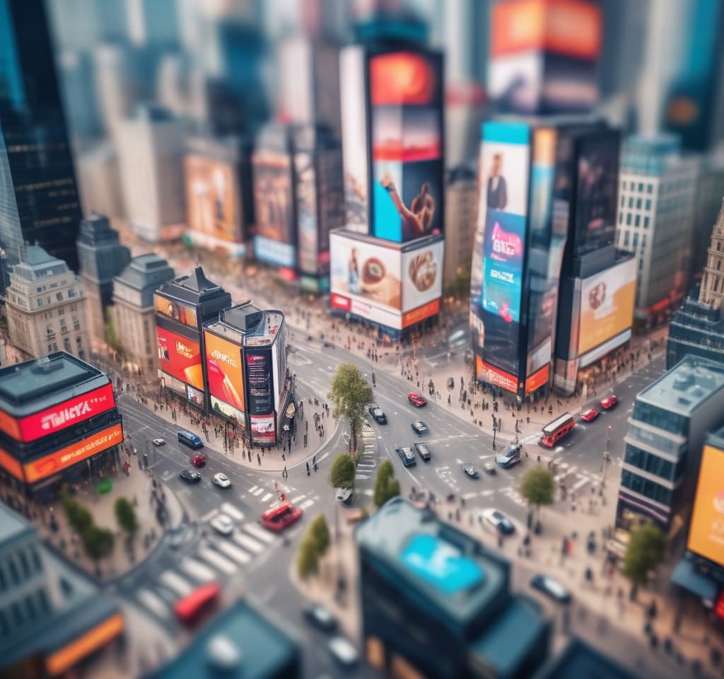  tilt shift photo of creative advertising for an advertising agency on digital screens in the city . selective focus, miniature effect, blurred background, highly detailed, vibrant, perspective control