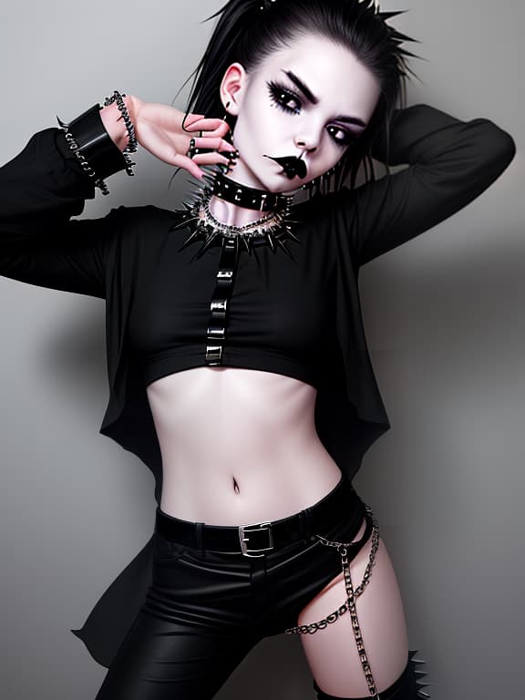  girl in a spiked collar and bracelet, black lips, black eyes, black long shirt, no pants, no pants, beautiful