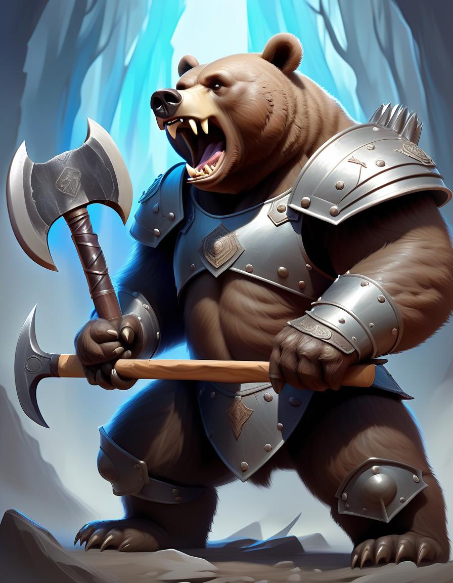  ethereal fantasy concept art of war bear, animal grin, holds an axe in his hands, in armor, in full growth, without background . magnificent, celestial, ethereal, painterly, epic, majestic, magical, fantasy art, cover art, dreamy