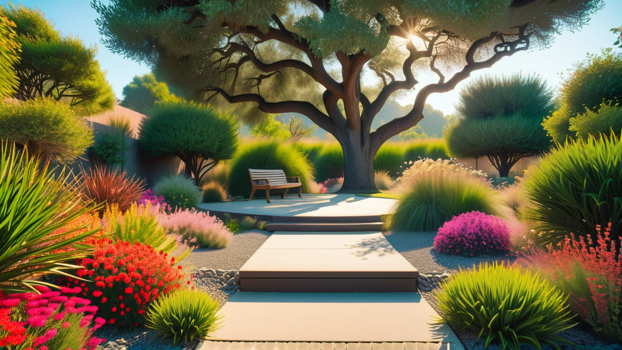  a serene, low maintenance garden featuring native plants, gravel pathways, and a small meditation area with a bench under a flowering tree, surrounded by colorful, drought resistant flowers and ornamental grasses. hyperrealistic, full body, detailed clothing, highly detailed, cinematic lighting, stunningly beautiful, intricate, sharp focus, f/1. 8, 85mm, (centered image composition), (professionally color graded), ((bright soft diffused light)), volumetric fog, trending on instagram, trending on tumblr, HDR 4K, 8K