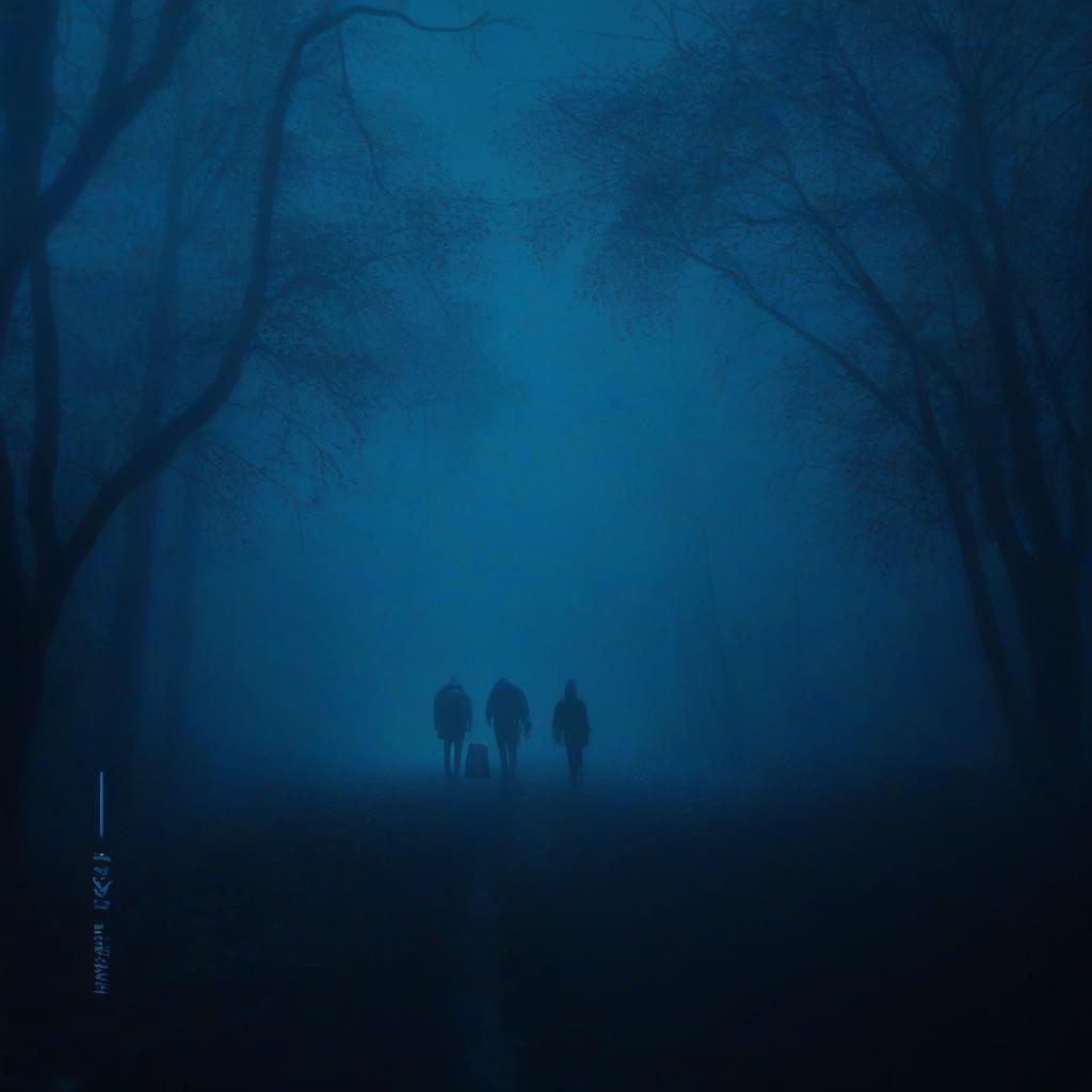  cinematic photo лес, туман, пасмурная погода, дорога уходящая в даль, a couple of people that are walking in the dark, unsplash contest winner, conceptual art, blue forest, adim kashin, alone, made with photoshop . 35mm photograph, film, bokeh, professional, 4k, highly detailed