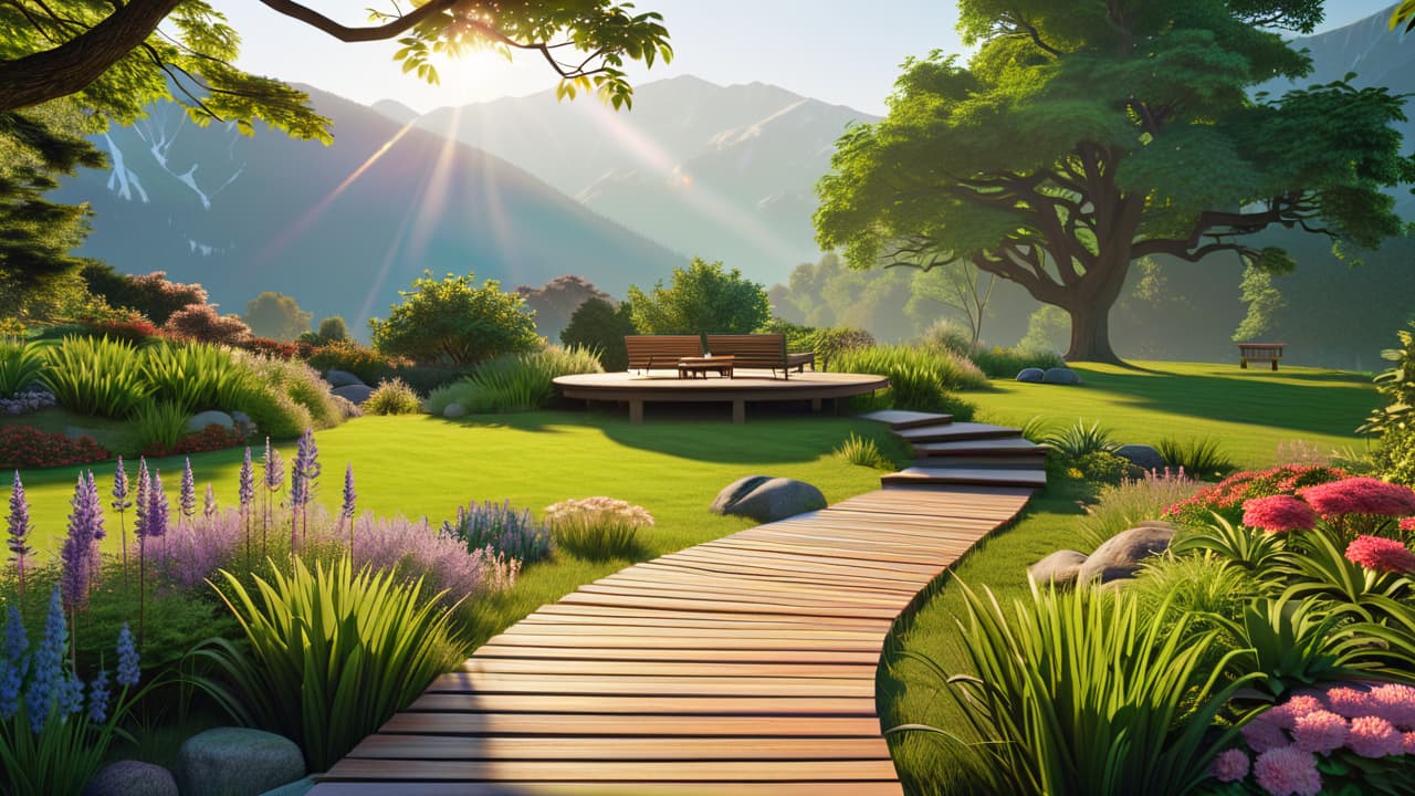  a serene landscape featuring eight distinct zones: vibrant nature for physical care, a cozy reading nook for mental care, an art studio for creative care, a meditation space for spiritual care, a social gathering area, a healthy kitchen, a fitness corner, and a restful bedroom. hyperrealistic, full body, detailed clothing, highly detailed, cinematic lighting, stunningly beautiful, intricate, sharp focus, f/1. 8, 85mm, (centered image composition), (professionally color graded), ((bright soft diffused light)), volumetric fog, trending on instagram, trending on tumblr, HDR 4K, 8K