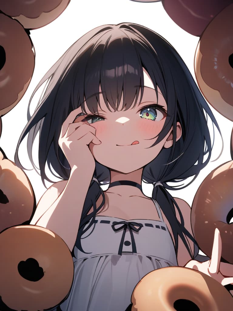  ultra detailed:1.2,masterpiece:1.2,best quality,masterpiece,bestquality,hdr:1.1,8k:1.1,very cute girl:1.3,(right hand up,holding small size donut:1.4),(reaching right hand at viewer :1.4)((eye peeking through the small size donut hole:1.8)),grin smile ,(close mouth:1.5),(tongue out:1.2),(frill sundress,ribbon strap:1.4),upper body:1.5,(face focus:1.4),(low twintail:1.5),(black hair:1.3),(white background color:1.4),ribbon choker:1.3,(head tilt:1.4),(looking at viewer:1.3)