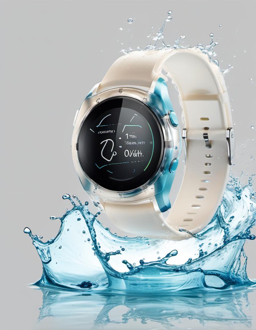  around the smart watch splashing water, light background, film photography style