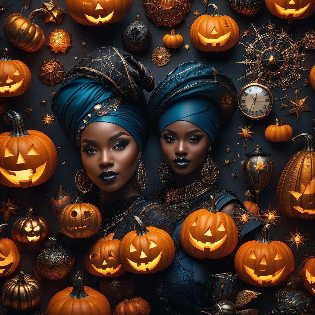  african costumes, halloween costumes, pumpkins, vibes, steam punks, conceptual arts, almost real photography, side by side photography, ultra focused photography, low light photography, dream world, dream colours, star like rendering, details. poster, phone shell, award winning, professional, highly detailed, masterpiece