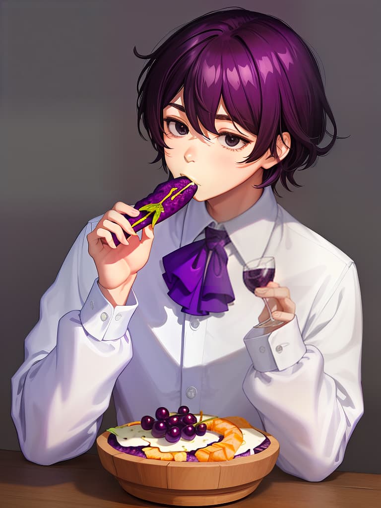  masterpiece,((eating gs🍇:1.2)) solo,short hair,brown hair,simple background,shirt,one man,long sleeves,original,((holding gs🍇:1.2)),sitting,purple hair,full body,white shirt,male focus,food,black eyes,gray background,eating,holding food,gs,(upper body only:)1.2),high quality,8k,super analysis