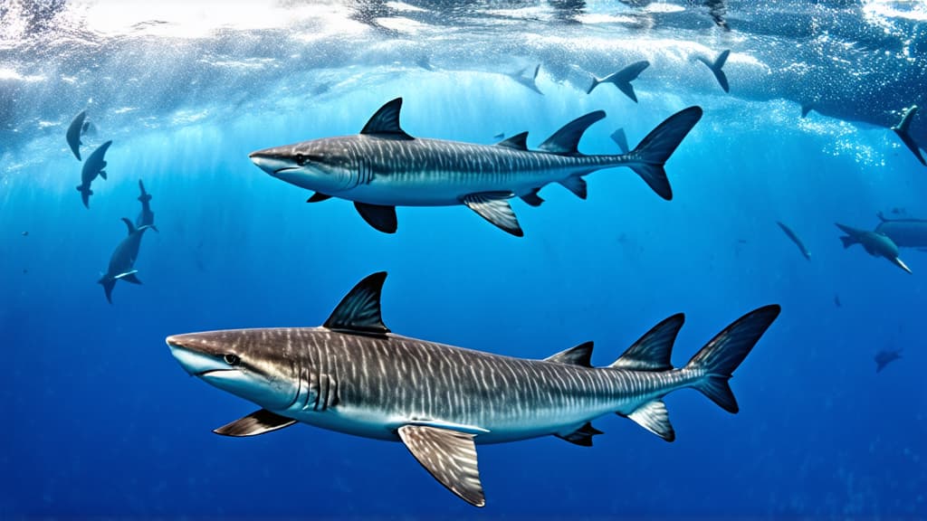  photo of a three sharks swimming in a feeding frenzy in circular pattern. the photo should be taken from a top view looking down on them. soft light with sun beams ar 16:9 {prompt}, maximum details