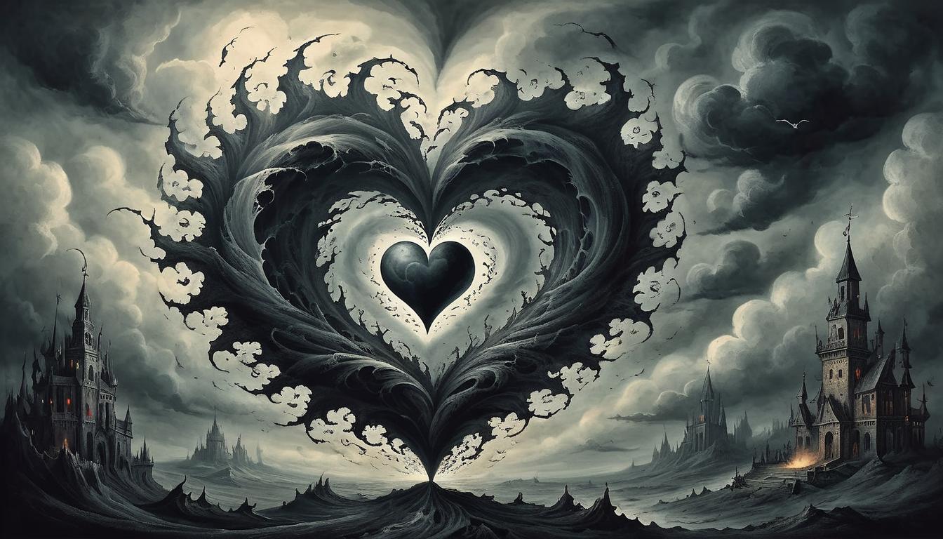  on parchment, surrealism+++, a swirling vortex of dark, ominous clouds, at its center, small, broken heart, signifying negativity returning, malevolent, turbulent(mysterious, provocative, symbolic,muted color)+++