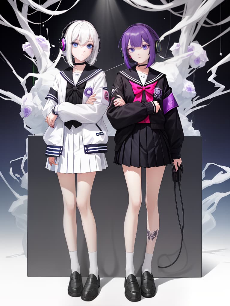  headphones, s with purple rose on the left , s with blue eyes, smoking cigarettes, mine makeup, bob hair s, s who smoke cigarettes, headphones. , spider's nest tattoo on the left arm, souvenir jacket, white sailor suit, white pleated , whole body, wearing black loafers, masterpiece, best quality,8k,ultra detailed,high resolution,an extremely delicate and beautiful,hyper detail