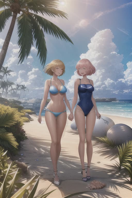  &quot;A seaside scene. Two female students are standing on the beach. One of them has short hair. They are wearing swimsuits and are laughing happily. In the background, the blue sea and sky spread out, and several palm trees are visible. The overall atmosphere is bright and cheerful.&quot; Details of the female students&#39; outfits: bikinis Specific actions they are taking (e.g. holding hands, picking up shells, etc.) Time of day (e.g. dusk, midday, etc.) Weather (e.g. sunny, partly cloudy, etc.) hyperrealistic, full body, detailed clothing, highly detailed, cinematic lighting, stunningly beautiful, intricate, sharp focus, f/1. 8, 85mm, (centered image composition), (professionally color graded), ((bright soft diffused light)), volumetric fog, trending on instagram, trending on tumblr, HDR 4K, 8K
