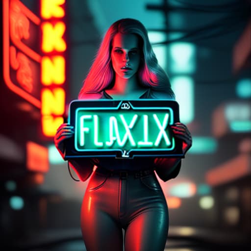  lana del ray holding a "fluxik" neon sign, night street, cyberpunk, ((((cinematic look)))), soothing tones, insane details, hyperdetailed, low contrast, soft cinematic light, dim colors, exposure blend, hdr, faded, slate grey atmosphere