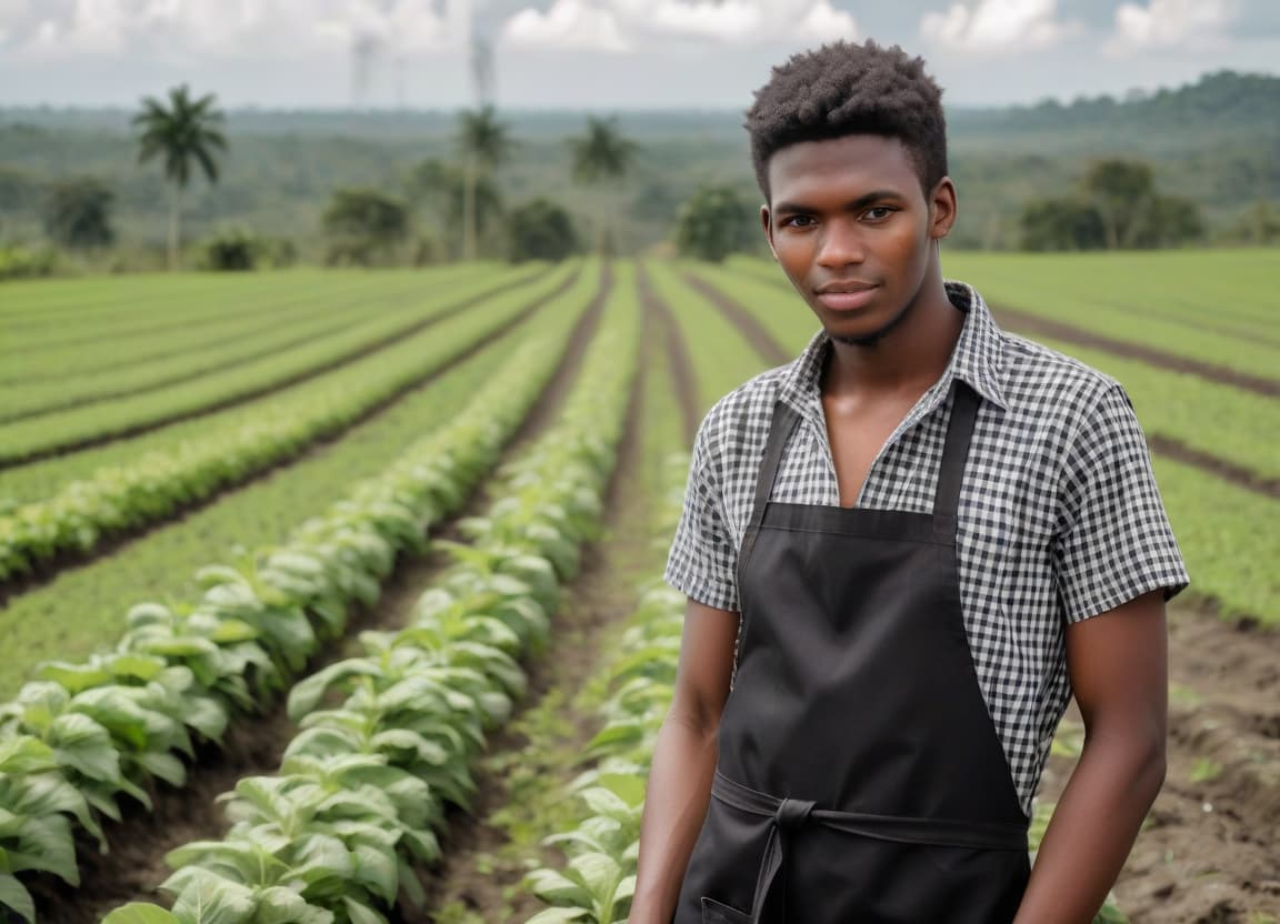  young farmer in a black apron, in a checkered shirt, in panama