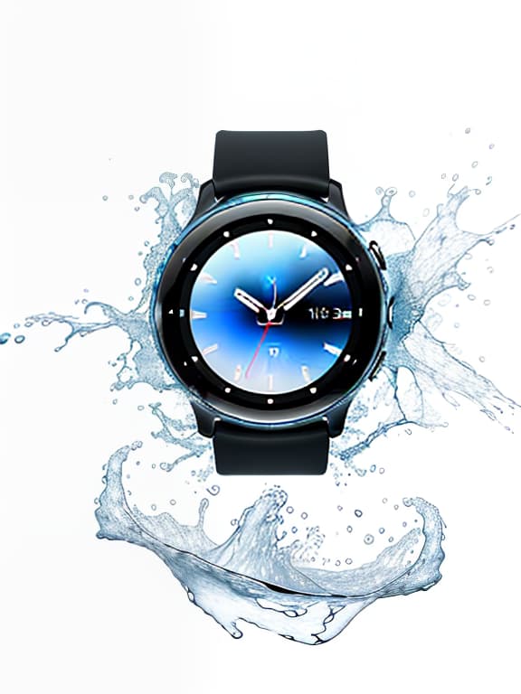  smart watch on a white background, around beautiful splashes of water