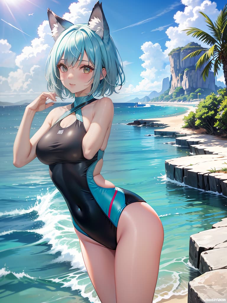  masterpiece,highres,((v ray render)),sense of depth,close view,outdoors,beach,horizon,blue sky,portrait,face focus,close up,solo,(,wolf ,wolf ears,wolf tail),intelligence,powerful,joyfull,pure white skin,glossy skin,short hair,bob cut,pastel green hair,healthy,curvy,full ,narrow waist,toned arms,legs,swim outfit,separate ,,aqua ,halterneck,criss cross halter,standing,bent over,arched back,