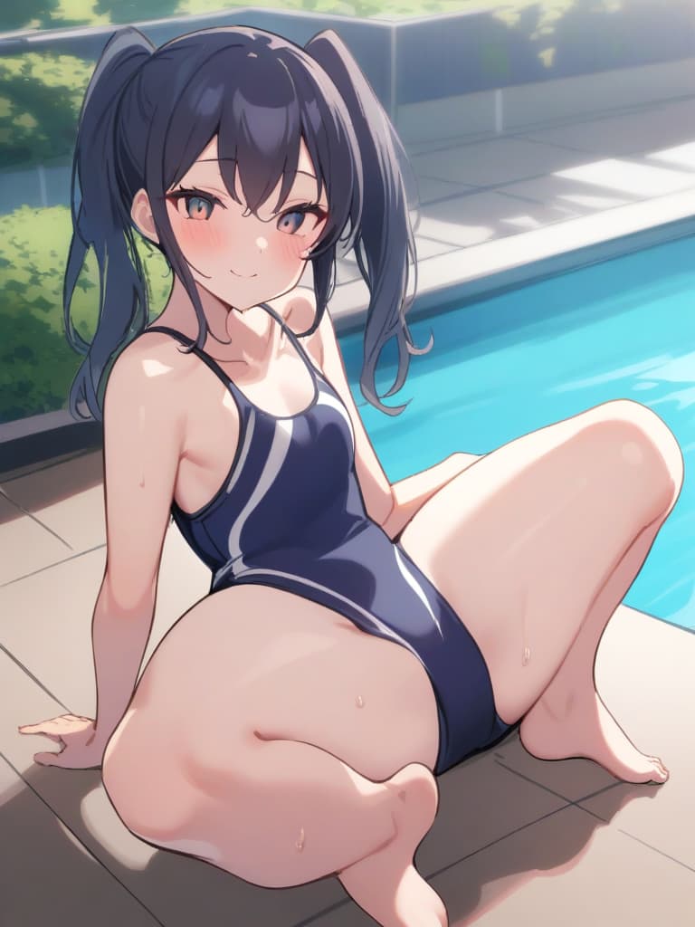  women's elementary students, twin tails, cute smiles, rich s, low stature, dark blue swimwear, old swimwear, swimwear, simple, male, shaped clear penalties, clear shaped philosophy, male (swelling), front, front, front, front the whole body, pool side,