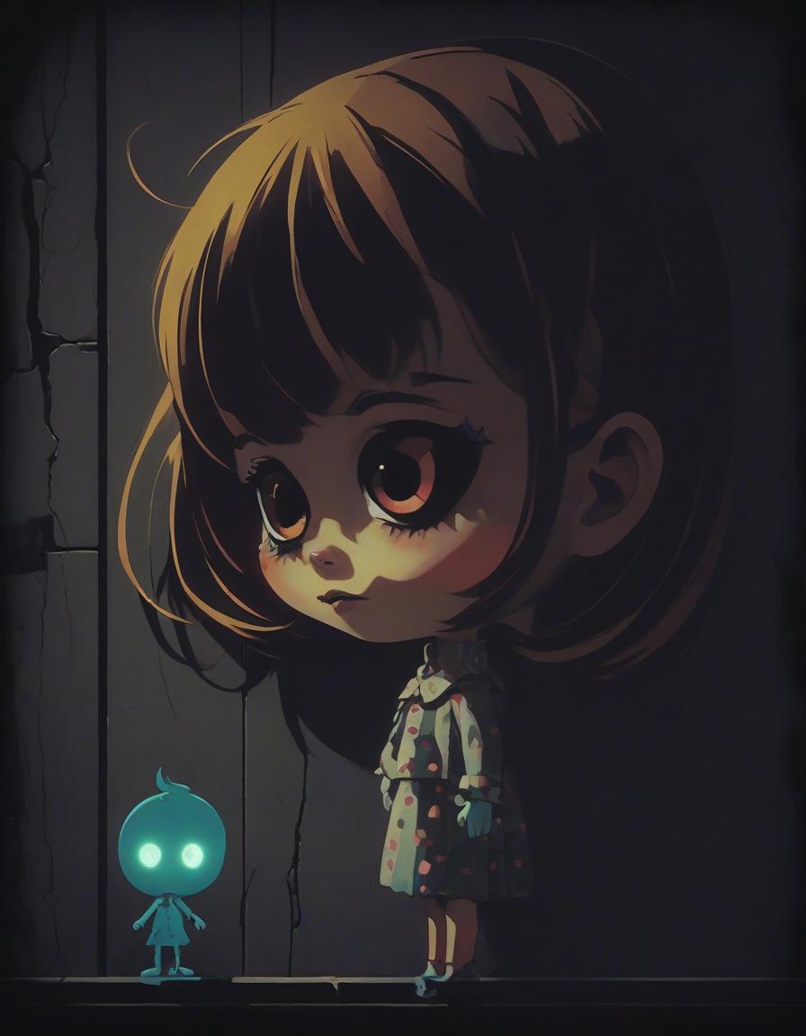  retro game art hiding in the shadows, grainy film noir, 1960s, cinematic, charming portrait of a cute tiny doll casting a long shadow, a doll cute anthropomorphic creature on the wall, a gentle face, big eyes, bizarre, deep colors. nearby is a crack in the wall, from it looks a toothy cannibal with glowing eyes . 16 bit, vibrant colors, pixelated, nostalgic, charming, fun