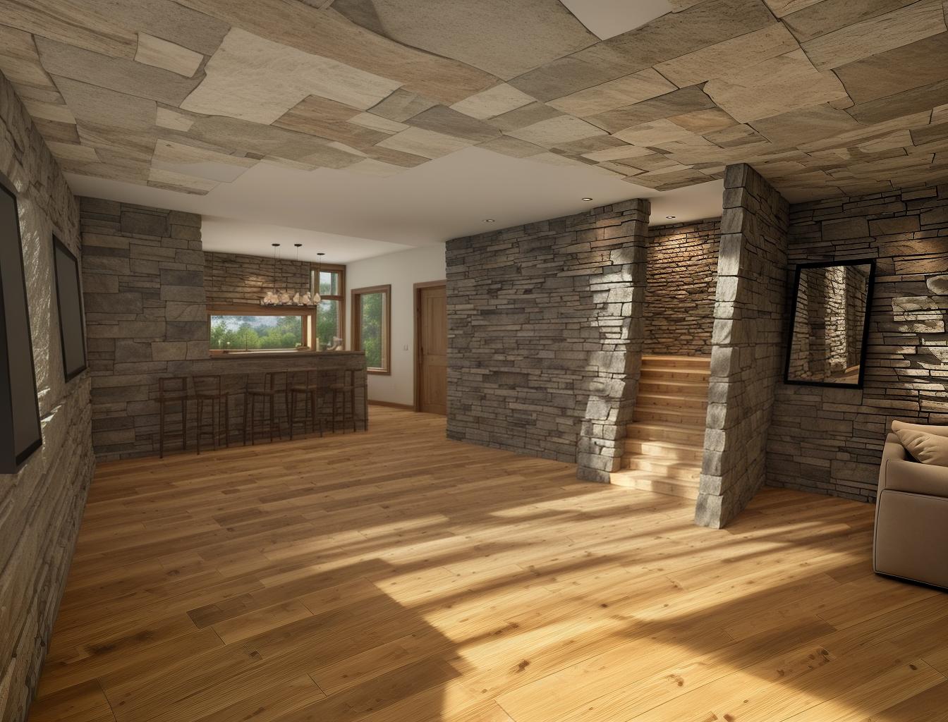  generate a photorealistic image of a living room with a stone accent wall and a wooden floor. the design should include a large window that allows natural light to highlight the texture of the stone wall, creating a balance between rustic and modern elements.