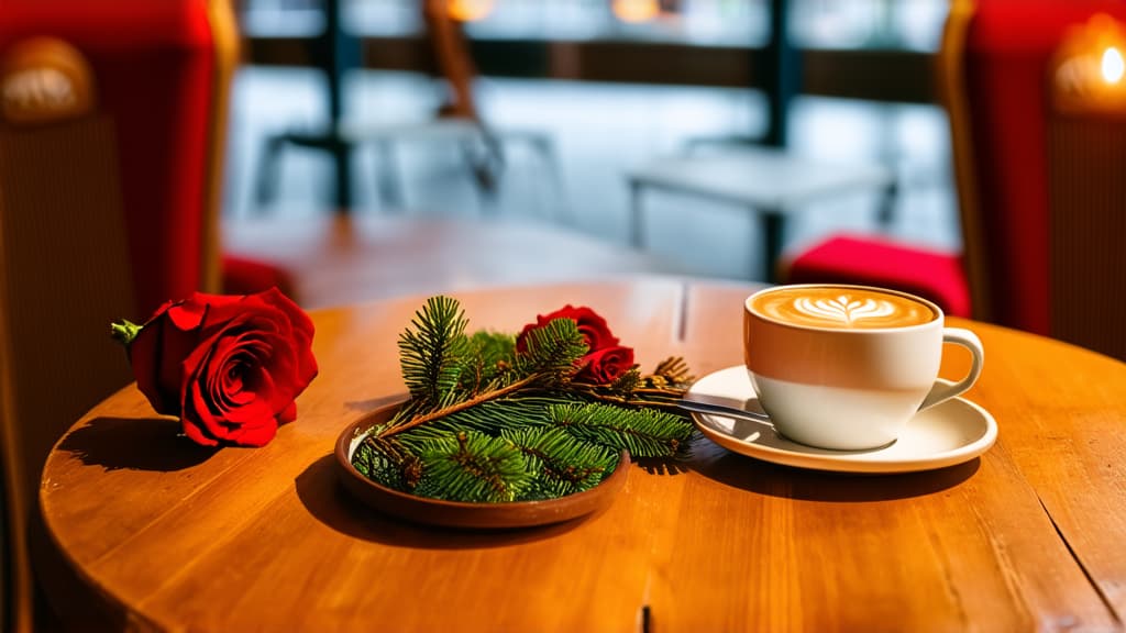  cup of coffee on a wooden table, still life, unsplash, christmas romanticism, roses with fir branches in cinematic light, inside a french cafe, red brown, cozy chairs, profile image, round, still life waiting for christmas, decorations, two cups of coffee ar 16:9 {prompt}, maximum details