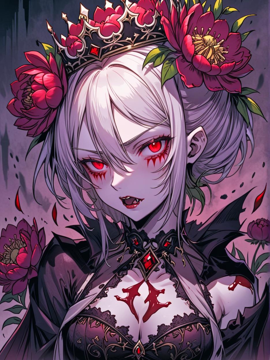  manga artwork vampire girl with a paeonia crown. manga artist. manga, highly emotional. best quality, high resolution