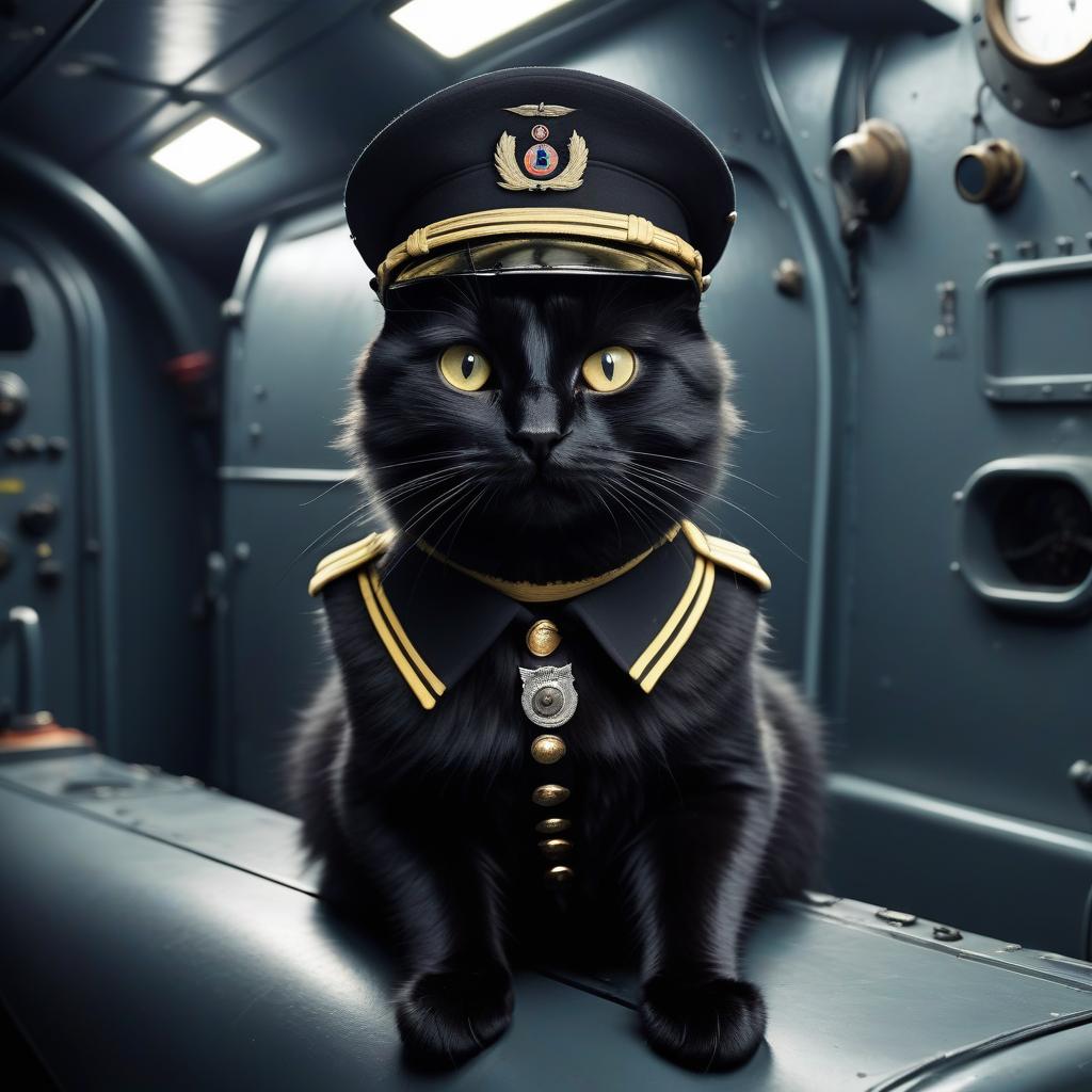  a furry black cat in the style of a german captain from the second world war, in a submarine