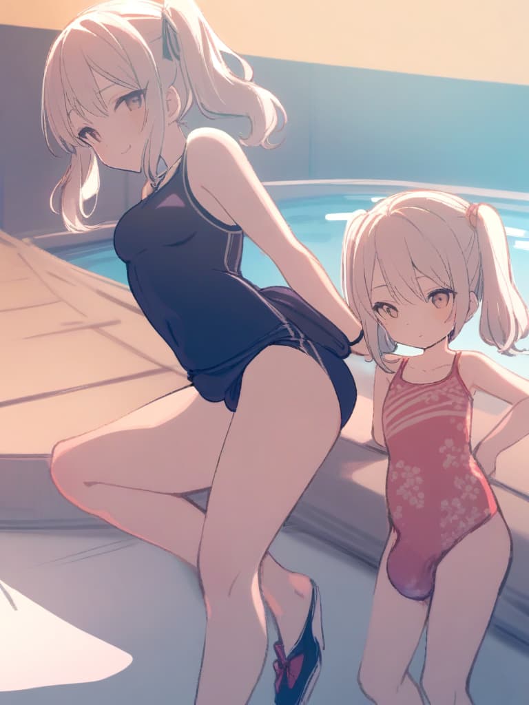  women's elementary students (male), twin tails, cute smiles, (rich s), low stature, dark blue swimwear, old swimwear, , simple (upward), male , (bulge), shaped clear , front , whole body, pool side,