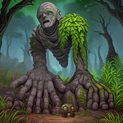  the hand of a golem and the head of a golem that peeks out from the ground, overgrown with plants in the forest, arcane style, borderlands style, telltale games style, oil painting, simple colors, low detail, vivid colors, defined lines, defined edges, digital art, cartoon look, cartoon style, sharp shadows, dark