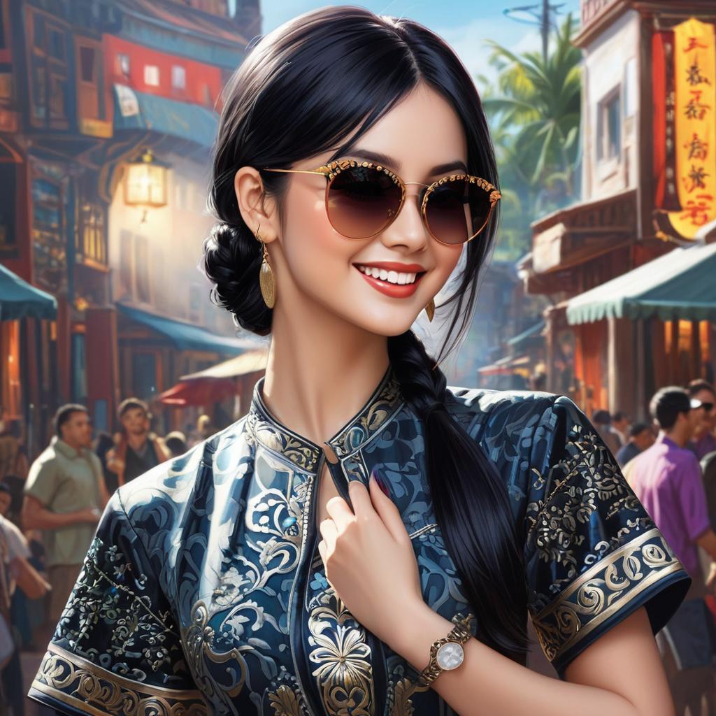  woman, black hair, sunglasses, slit pupils, evil smile, award winning, professional, highly detailed, masterpiece