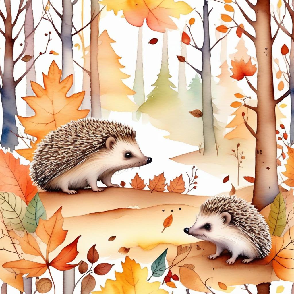  (painted) (watercolor) cute autumn forest background, autumn forest, soft shades, thin (ink outlines), objects on the edges of the sheet, in middle hedgehog family, many details, masterpiece, harmonious composition,