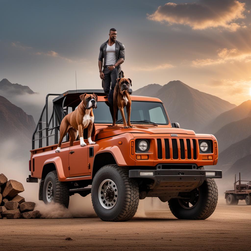  A dynamic and awesome picture of a person with their boxer dog standing on top of an 18-wheeler truck. The scene should be cool and heroic, with both the person and the dog exuding confidence and strength. The background could be a sunset or an open road, adding to the epic feeling of the image. hyperrealistic, full body, detailed clothing, highly detailed, cinematic lighting, stunningly beautiful, intricate, sharp focus, f/1. 8, 85mm, (centered image composition), (professionally color graded), ((bright soft diffused light)), volumetric fog, trending on instagram, trending on tumblr, HDR 4K, 8K