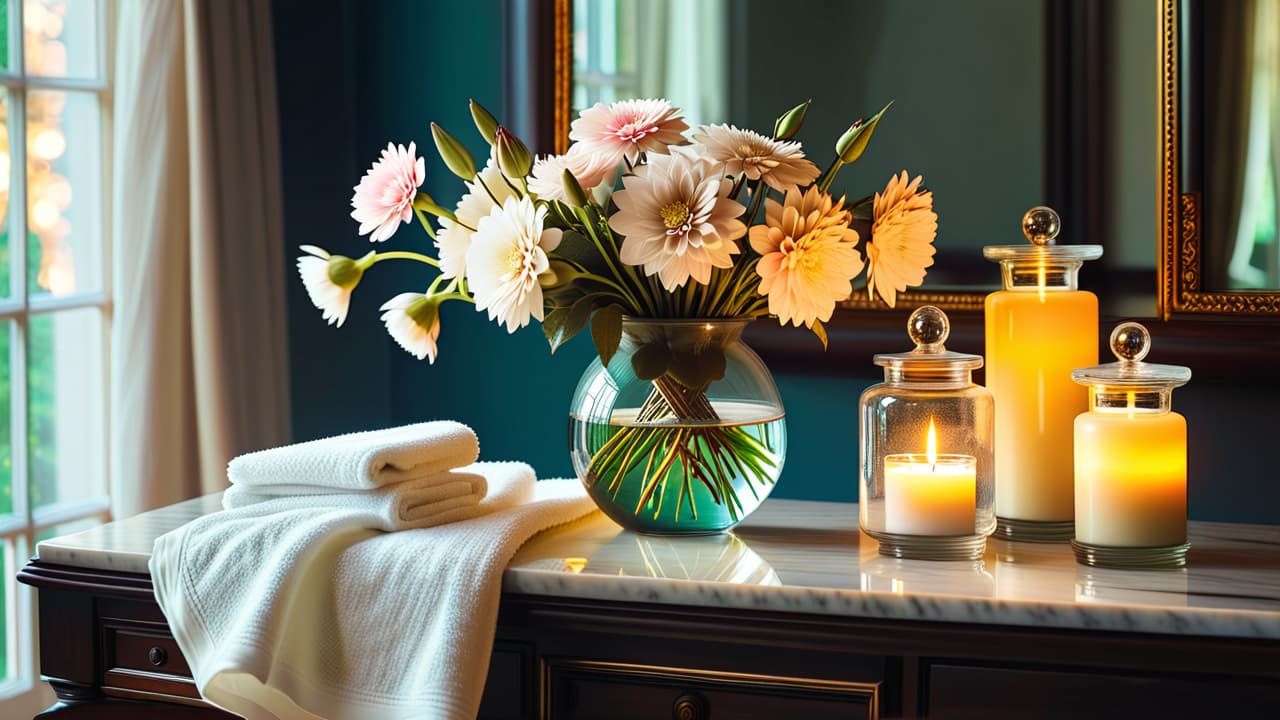  a serene vanity adorned with elegant glass jars and bottles, shimmering gold accents, a plush white towel, and soft candlelight reflecting off a marble countertop, surrounded by delicate flowers in a crystal vase. hyperrealistic, full body, detailed clothing, highly detailed, cinematic lighting, stunningly beautiful, intricate, sharp focus, f/1. 8, 85mm, (centered image composition), (professionally color graded), ((bright soft diffused light)), volumetric fog, trending on instagram, trending on tumblr, HDR 4K, 8K