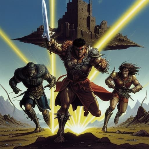  80's fantasy art, A towering warrior named Guts with short spiked hair, wielding a glowing sword of light, pointing it towards the heavens. A gigantic beam of light shoots upward from the sword's tip. Guts stands amidst a battlefield of defeated shadow monsters and bandits, his other hand covered in blood. In the distance, members of his guild can be seen running toward him, reacting to the beam of light. The scene is chaotic but hopeful, with the fort in the background and the radiant beam being the focal point.