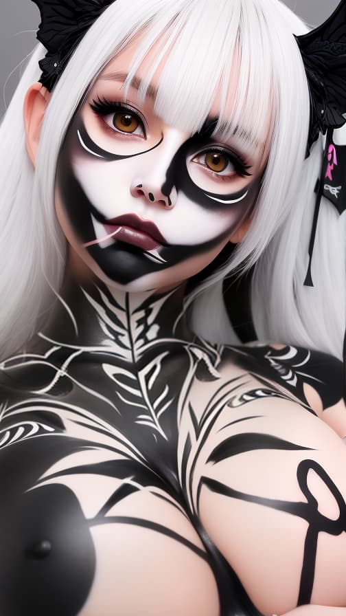  Black flame pattern body paint in every corner of the whole body, Whitebody paint full body, White face paint on the face, two succubus sisters, full body image 女性