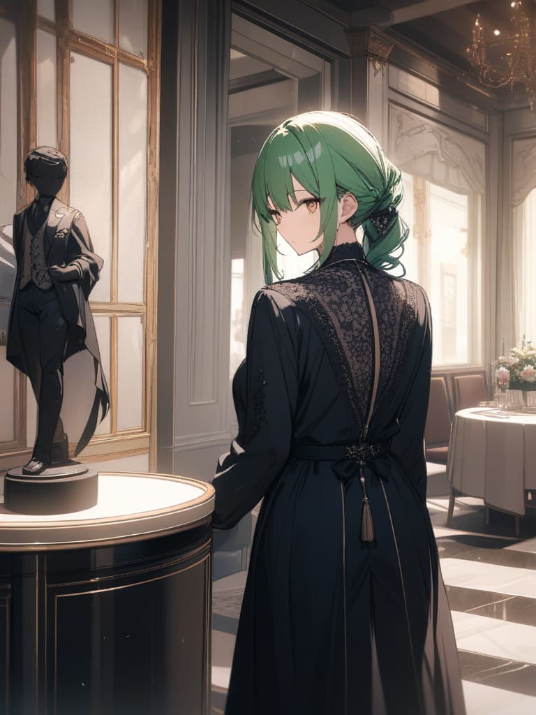  hidetoshi nishijima, a green hair character, a black tuxedo figure, a high end hotel hall, masterpiece, best quality,8k,ultra detailed,high resolution,an extremely delicate and beautiful,hyper detail