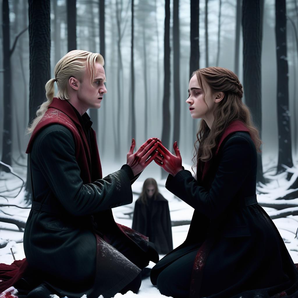  macabre style hermione granger and draco malfoy from the harry potter movie universe against the backdrop of a snowy forest. the picture should feel tension, fear. they sit on their knees and look at each other. the girl holds his hands and cries. their hands are stained in red . dark, gothic, grim, haunting, highly detailed